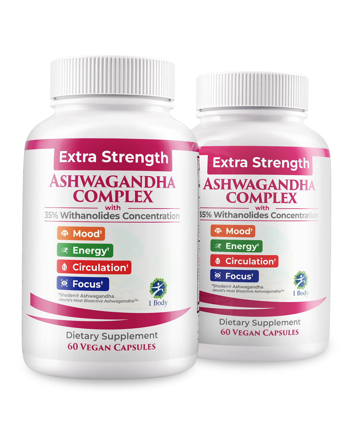 1Body Ashwagandha Complex bottle front promotes balanced energy support