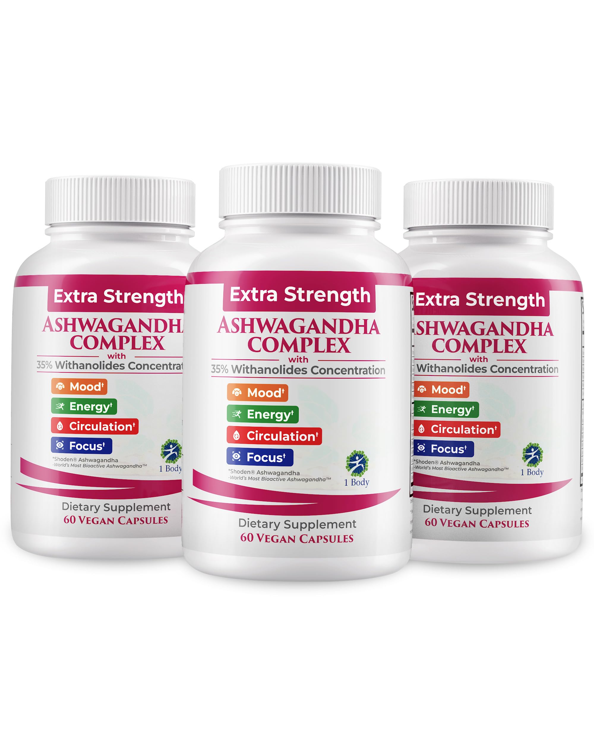 1 Body Ashwagandha Complex bottle front for focus and balance