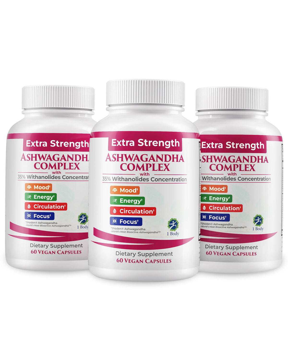 1 Body Ashwagandha Complex bottle front for focus and balance