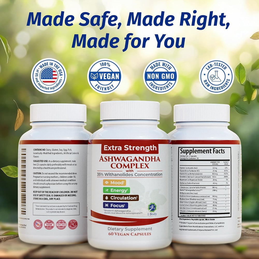 1Body Ashwagandha Complex storage container scene suggests convenient shelf-ready wellness