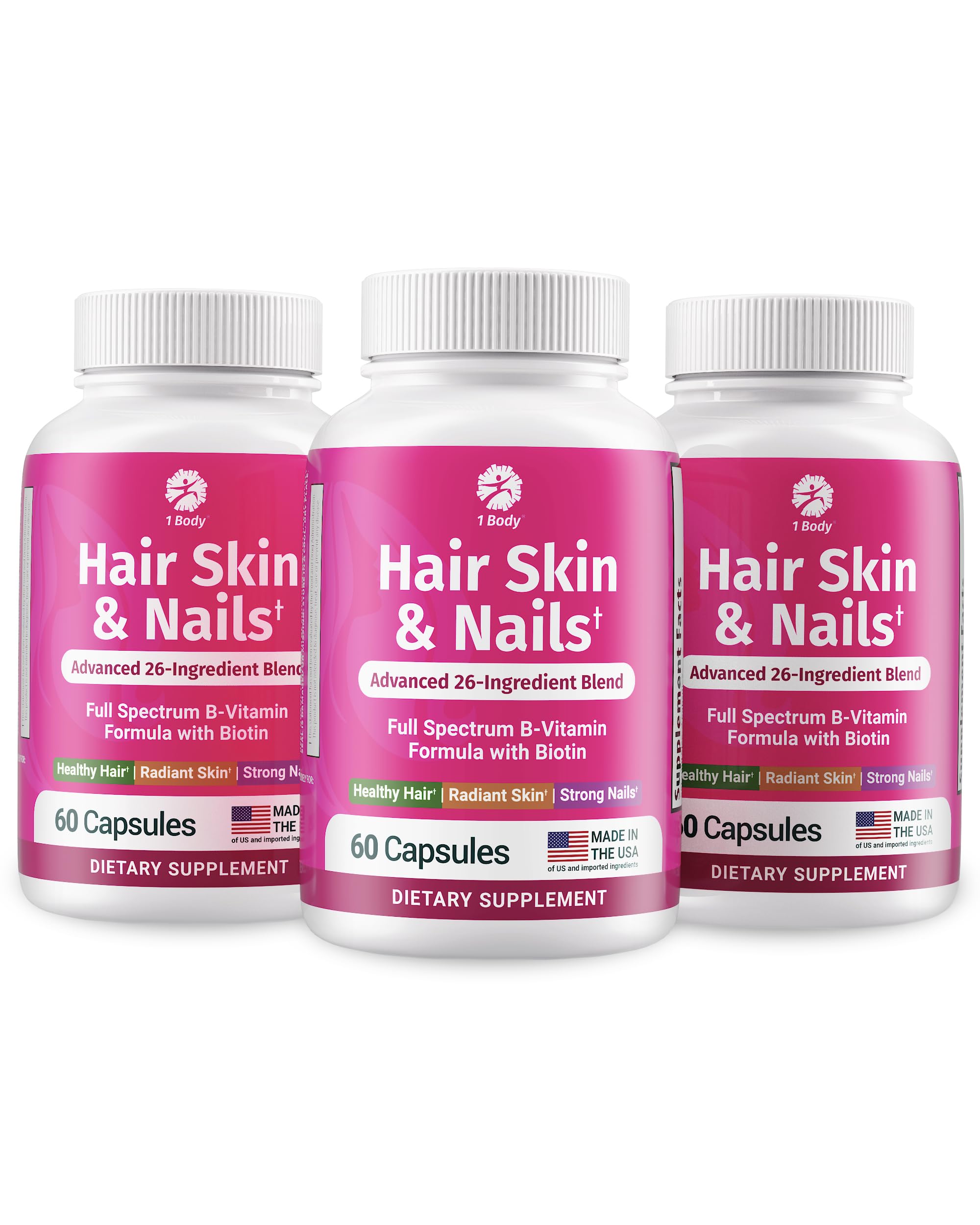 1 Body Hair Skin Nails bottle containing the daily vitamin complex for hair and nails support.