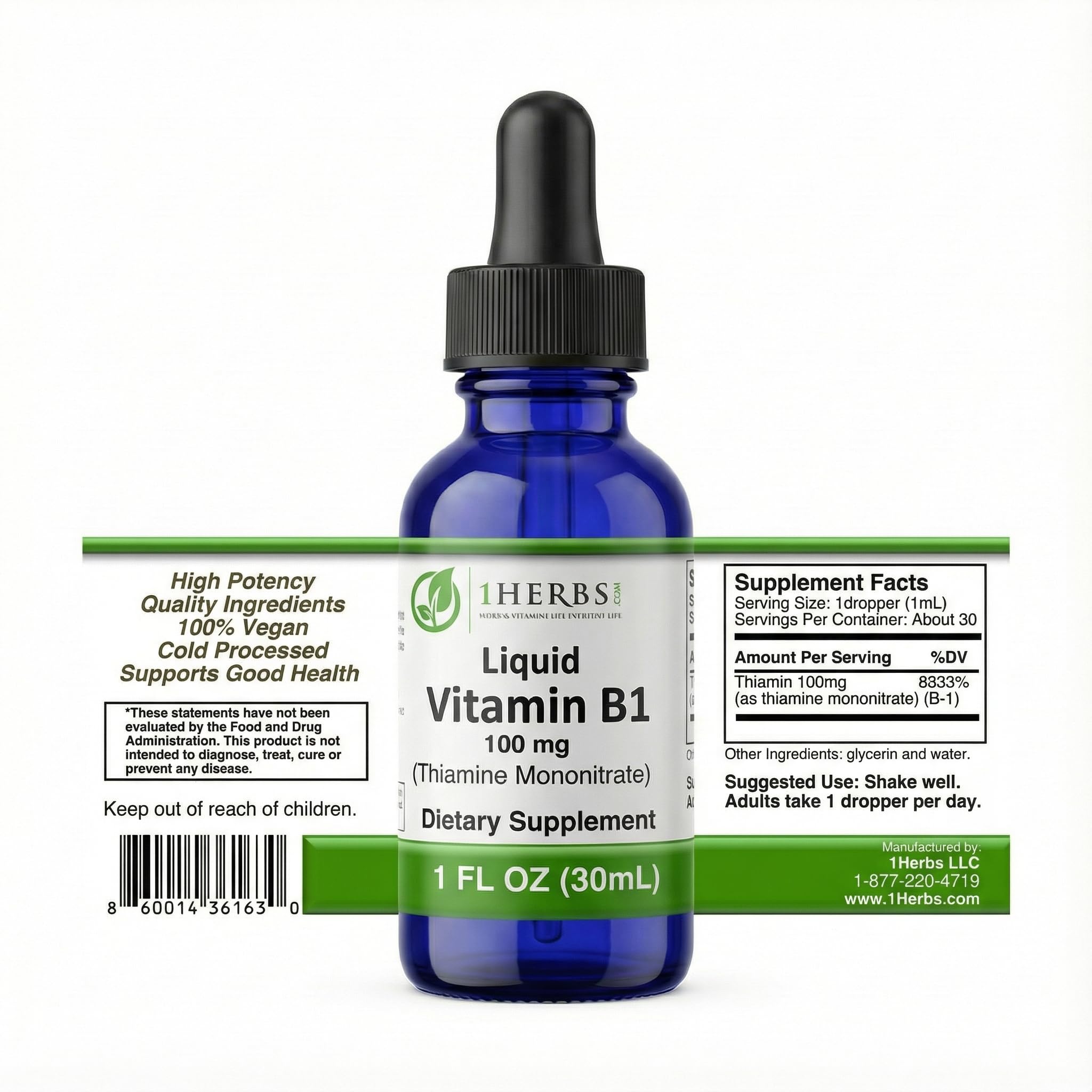 1Herbs Liquid Vitamin B1 bottle with dropper supports energy production and nervous system health.