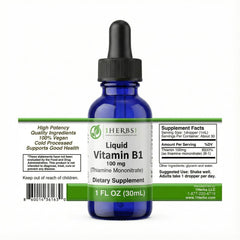 1Herbs Liquid Vitamin B1 bottle with dropper supports energy production and nervous system health.