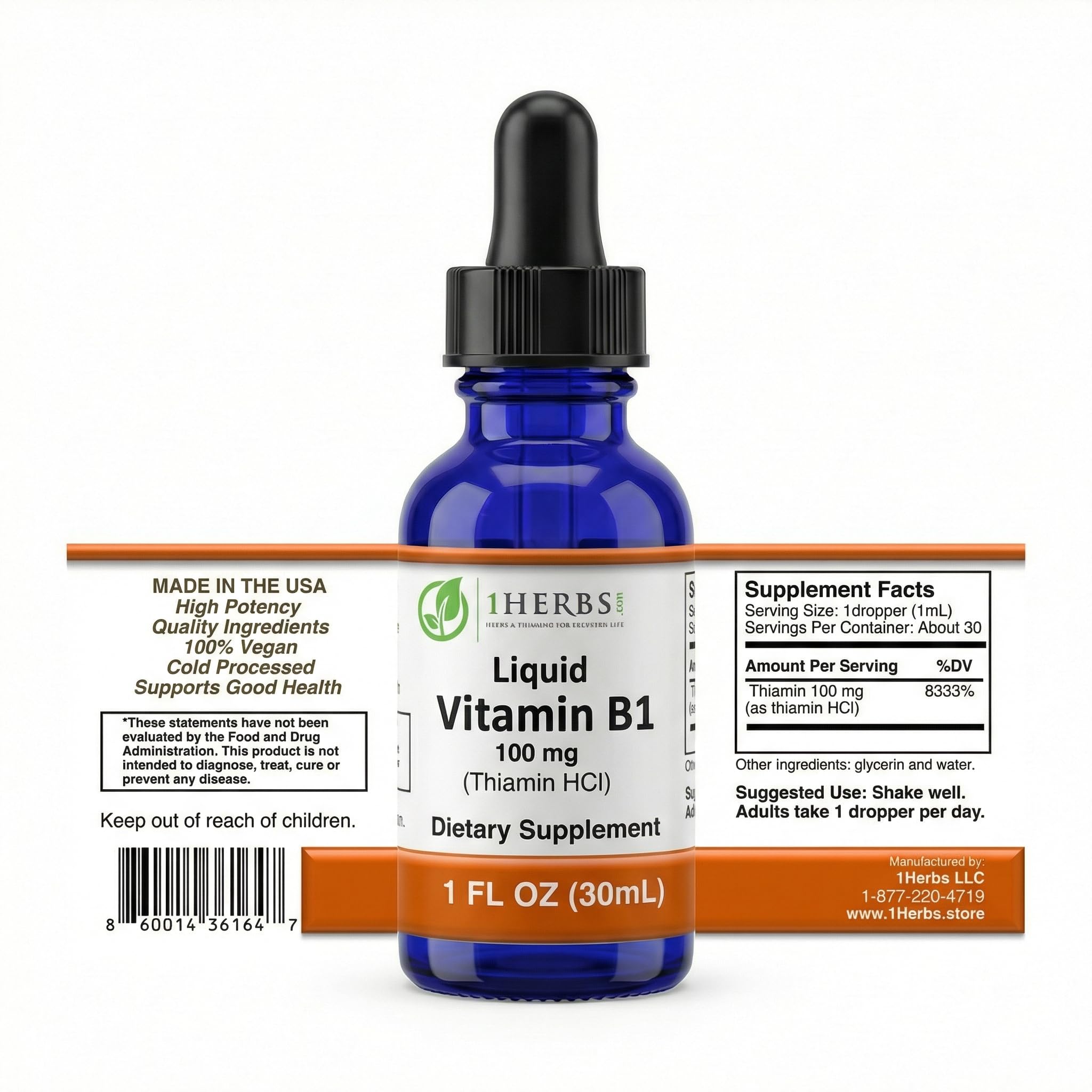 1Herbs liquid vitamin B1 bottle close-up showing high-potency thiamine drops