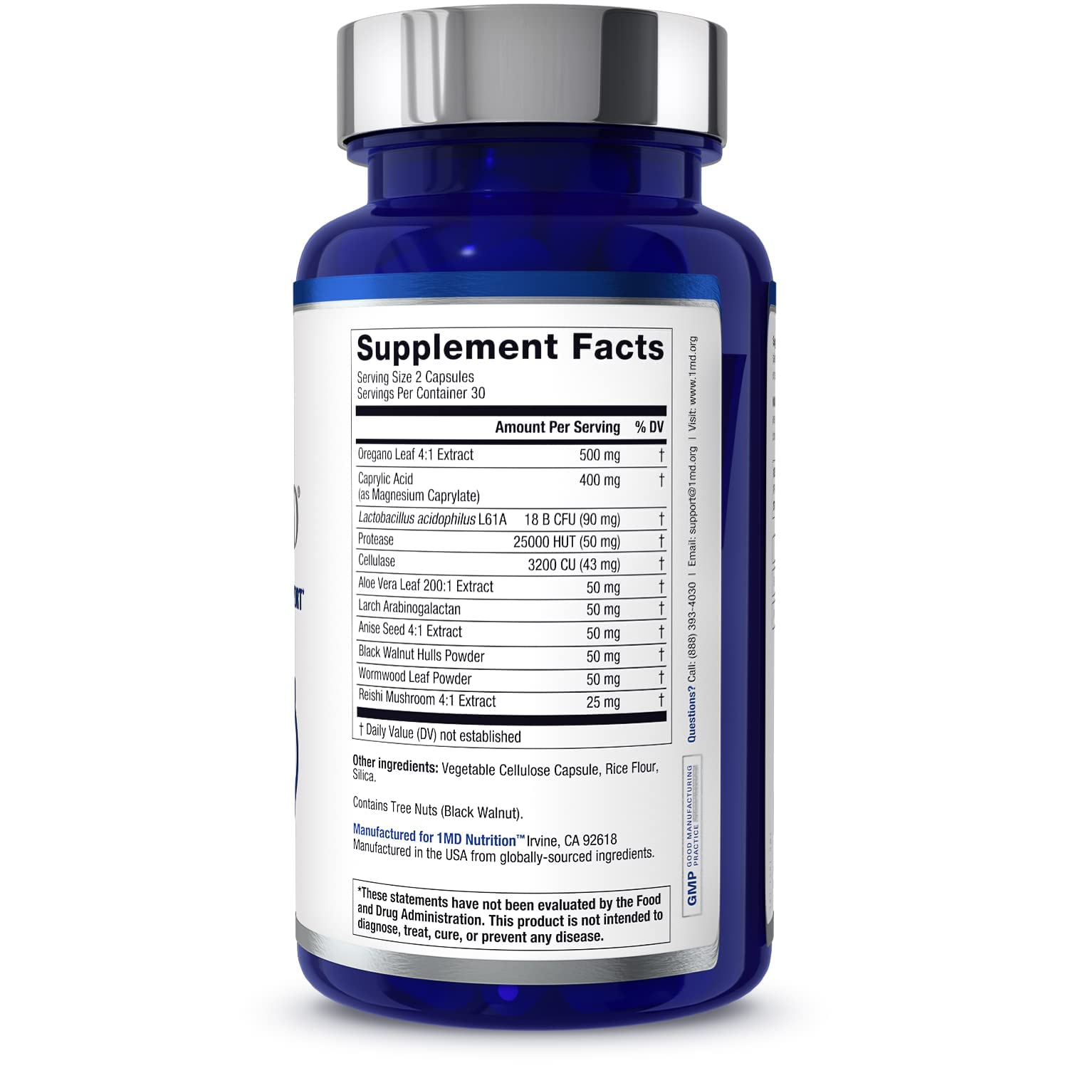 1MD BalanceMD back-of-label explains ingredients for balanced gut and vaginal health.