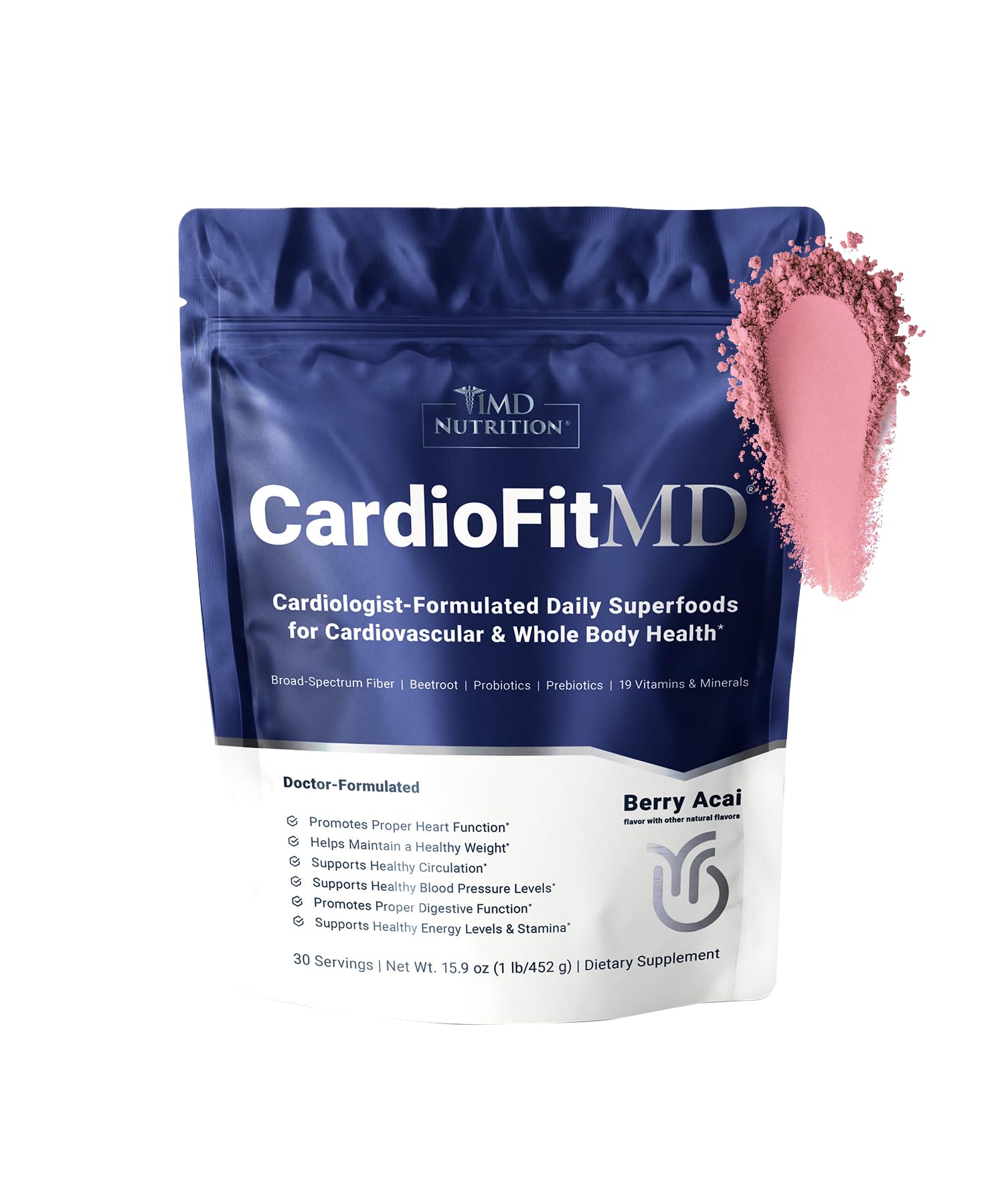 1MD CardioFitMD beetroot powder bottle highlighting nitric oxide and fiber benefits