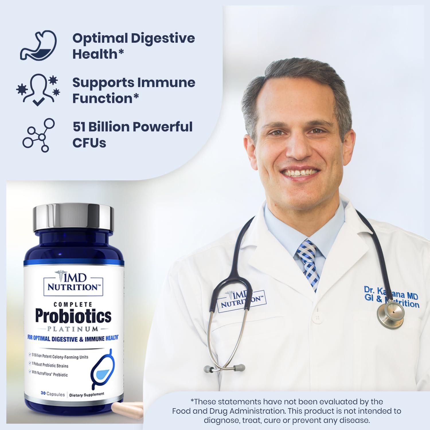 1MD Complete Probiotics Platinum capsules close-up shows 53B CFU potency for digestion support.