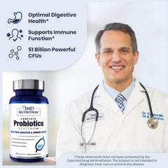 1MD Complete Probiotics Platinum capsules close-up shows 53B CFU potency for digestion support.