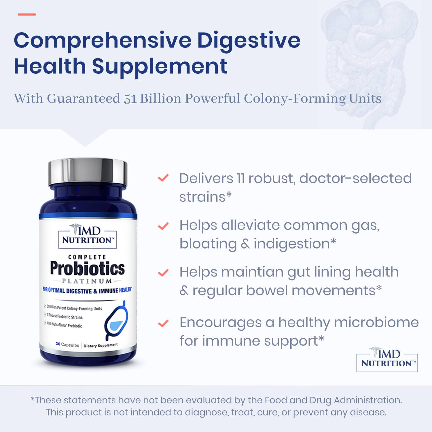 1MD Complete Probiotics Platinum label side notes 11 strains for broad digestive care.