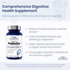 1MD Complete Probiotics Platinum label side notes 11 strains for broad digestive care.