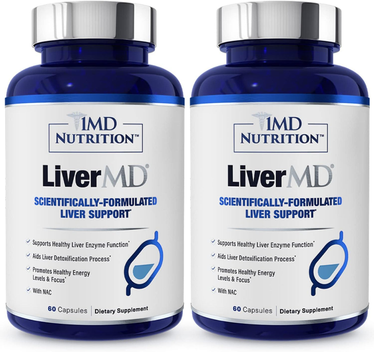 1MD LiverMD bottle front with two-pack for liver support.