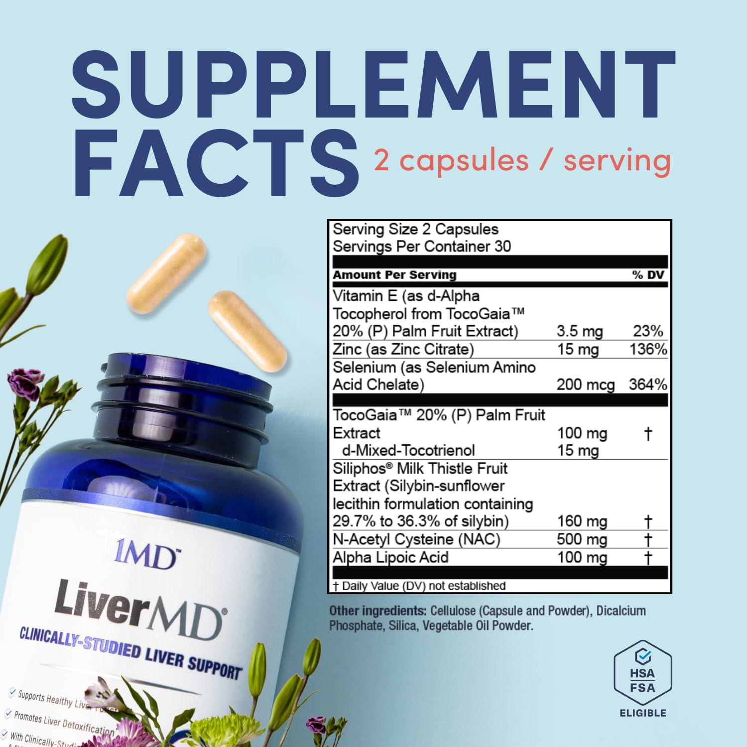 1MD LiverMD ingredients panel emphasizes a six-ingredient blend.