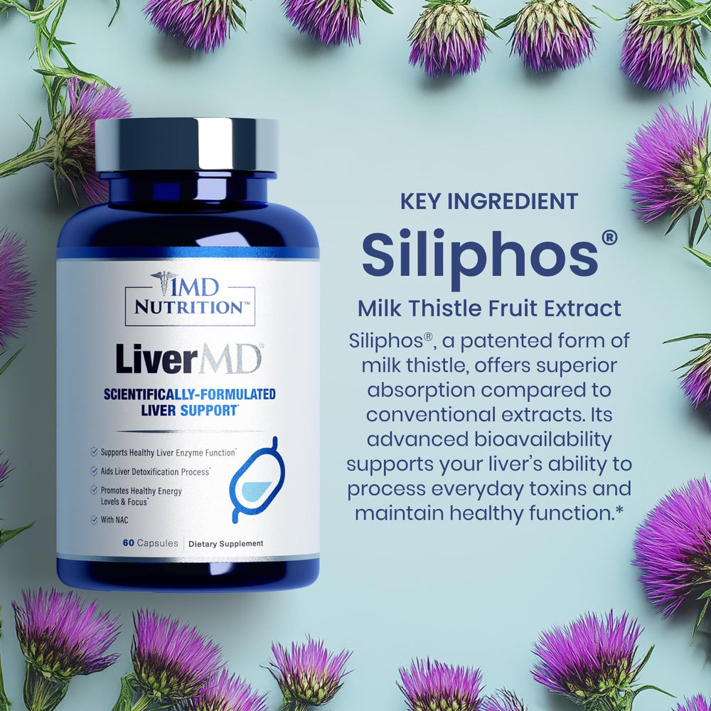 1MD LiverMD label detail showing patented Siliphos Silybin information.
