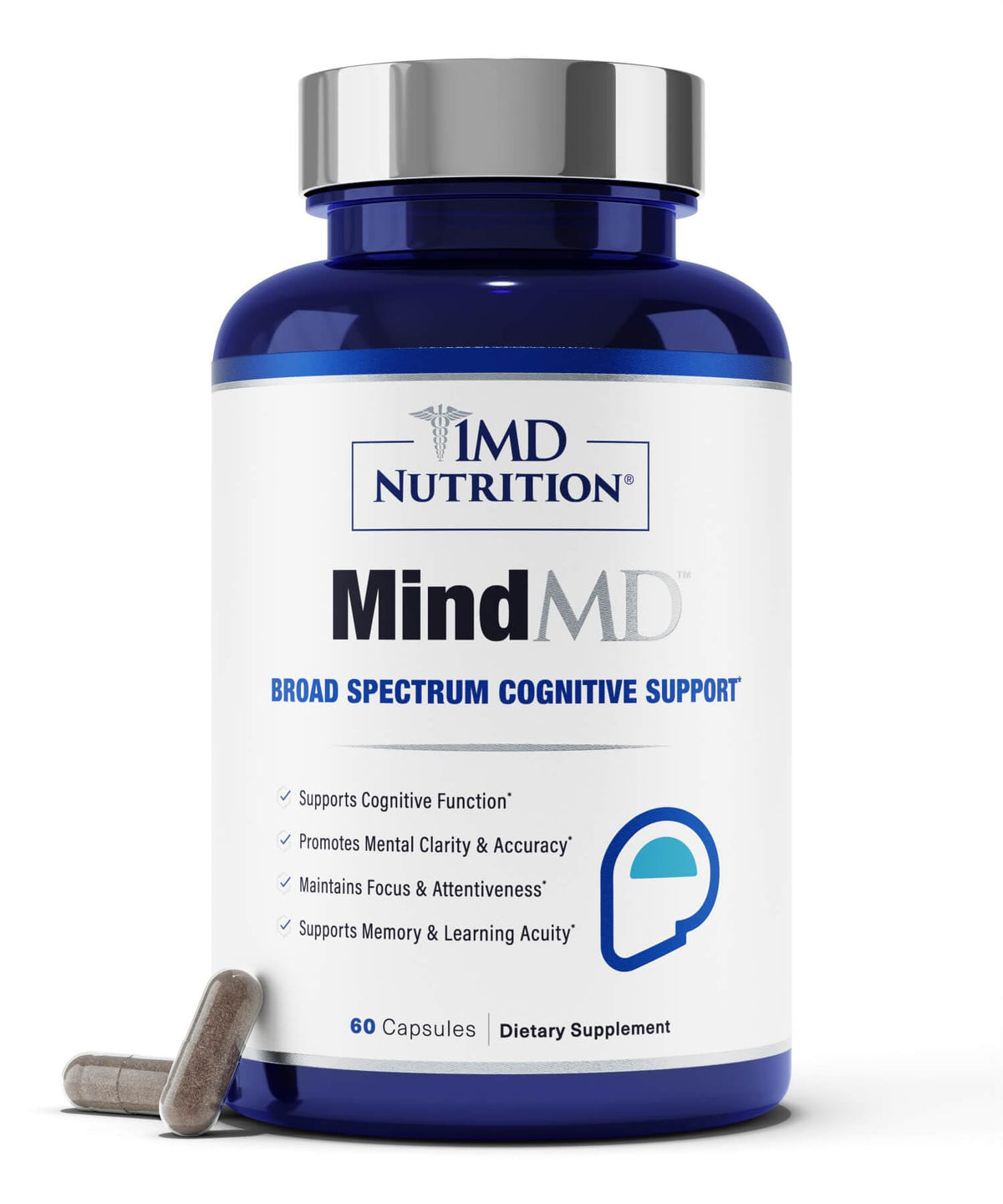 MindMD bottle front showing daily brain support for focus and memory