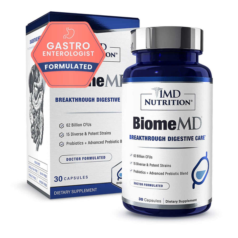 1MD Nutrition BiomeMD Probiotics bottle with clear label for everyday digestive support.