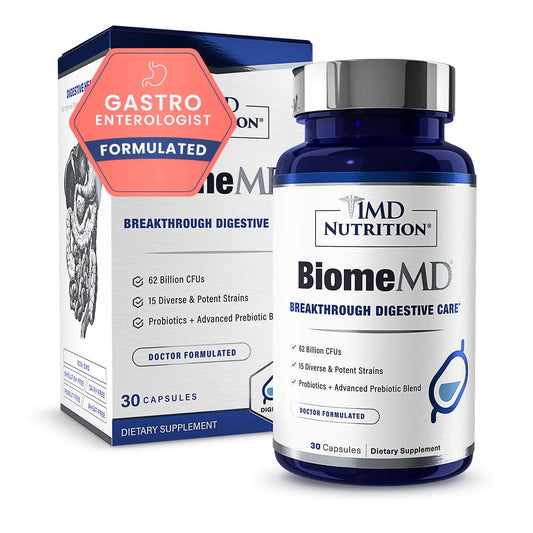 1MD Nutrition BiomeMD Probiotics bottle with clear label for everyday digestive support.