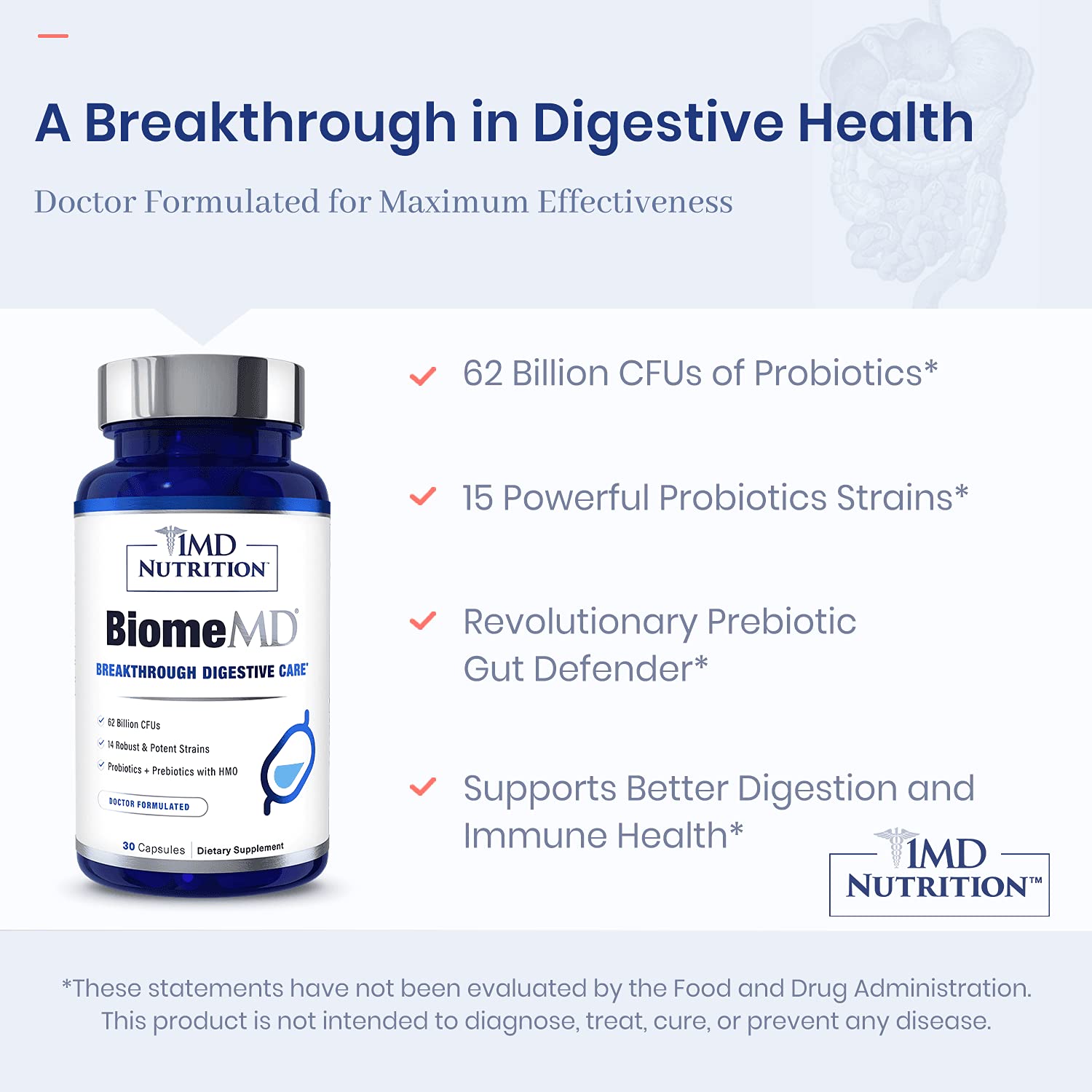 Capsules beside a glass of water for daily use with BiomeMD Probiotics.
