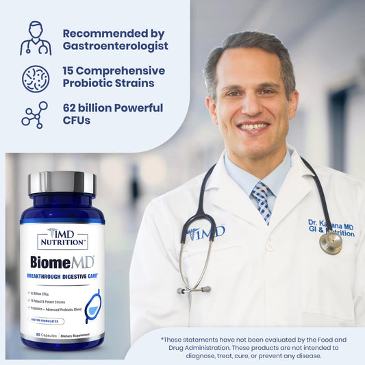 1MD Nutrition BiomeMD Probiotics bottle back showing strains and label details.