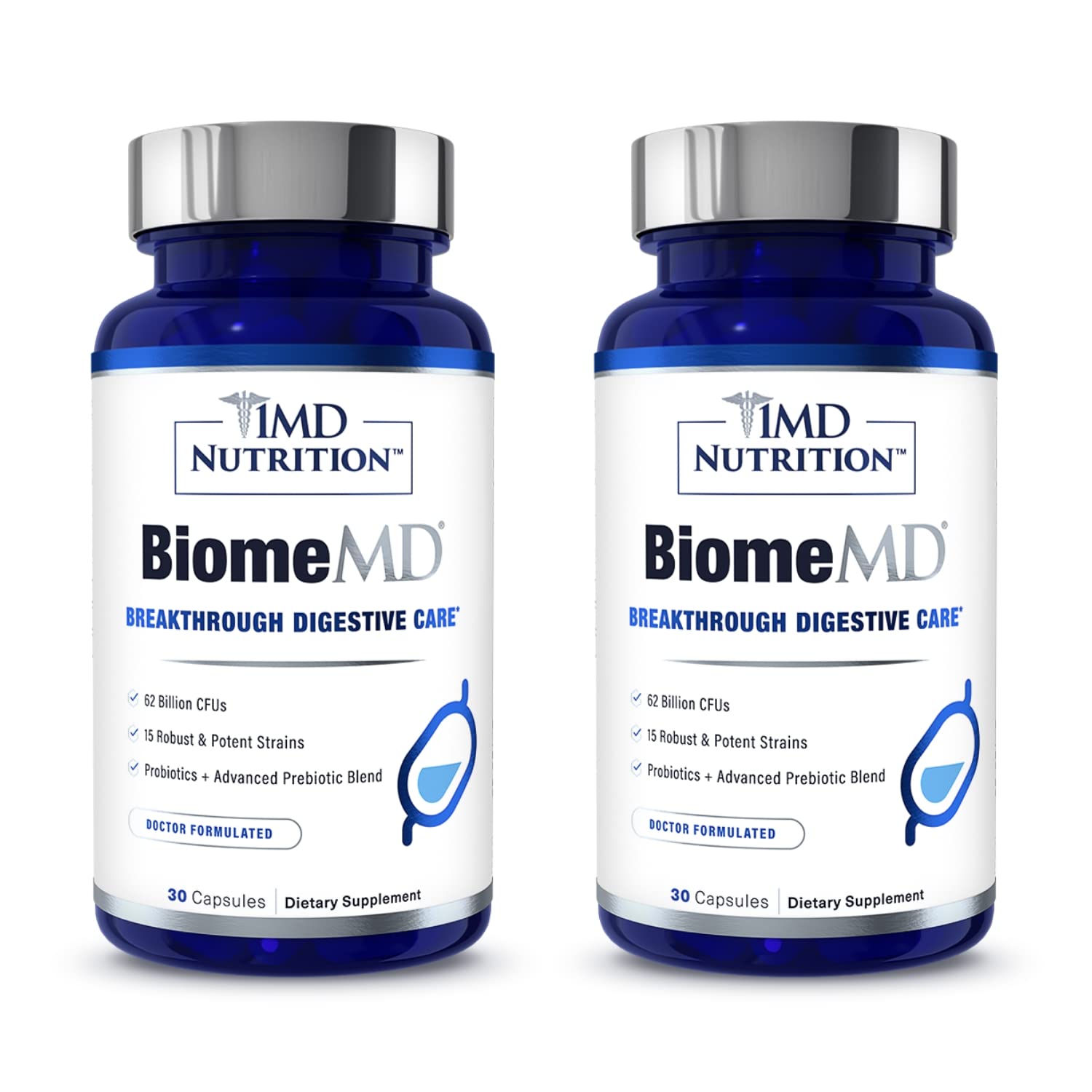 1MD Nutrition BiomeMD Probiotics bottle front highlighting 62B CFUs for digestive support.