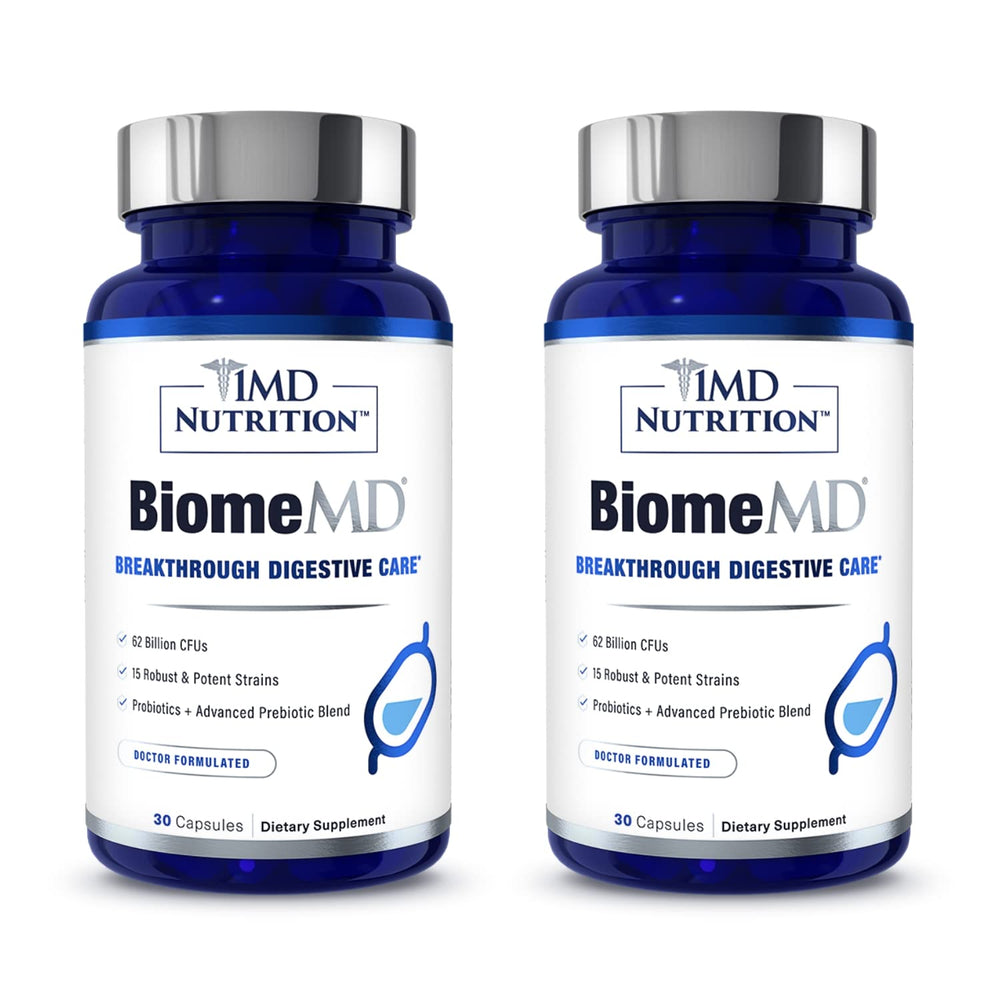 1MD Nutrition BiomeMD Probiotics bottle front highlighting 62B CFUs for digestive support.