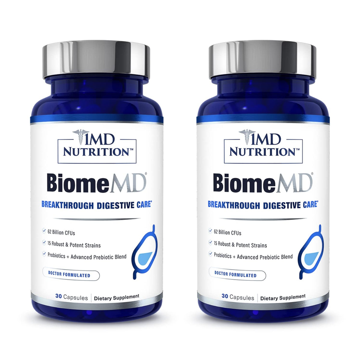 1MD Nutrition BiomeMD Probiotics bottle front highlighting 62B CFUs for digestive support.
