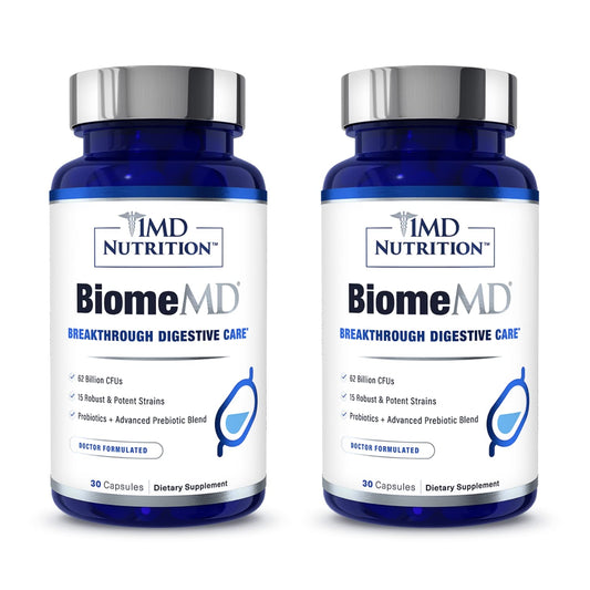 1MD Nutrition BiomeMD Probiotics bottle front highlighting 62B CFUs for digestive support.