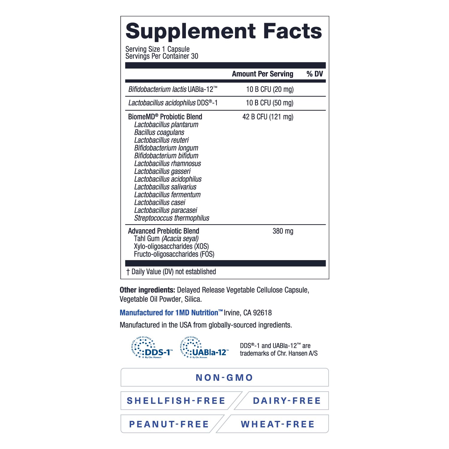 1MD Nutrition BiomeMD Probiotics bottle beside fruit highlights everyday wellness.