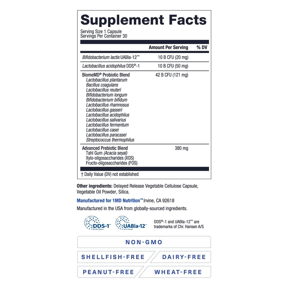 1MD Nutrition BiomeMD Probiotics bottle beside fruit highlights everyday wellness.