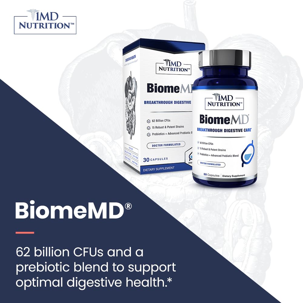 1MD Nutrition BiomeMD Probiotics with glass of water hints at simple use.
