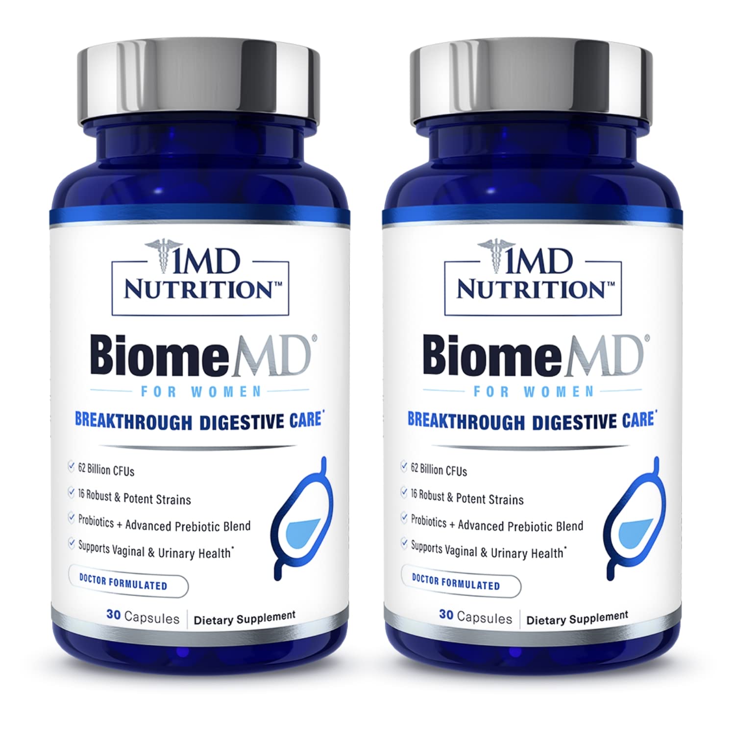 1MD BiomeMD Probiotics for Women bottle front promotes digestive balance.