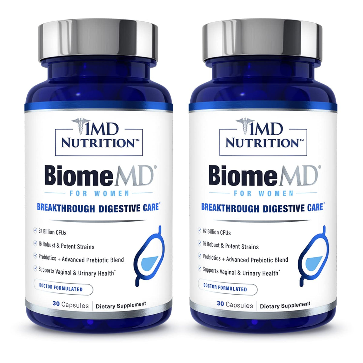 1MD BiomeMD Probiotics for Women bottle front promotes digestive balance.