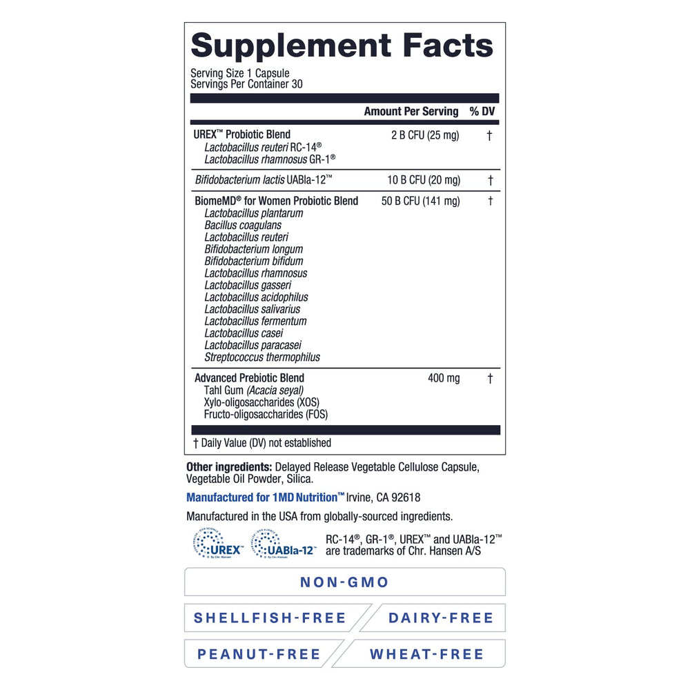 BiomeMD Women capsules foster gut balance and immune-friendly wellness.