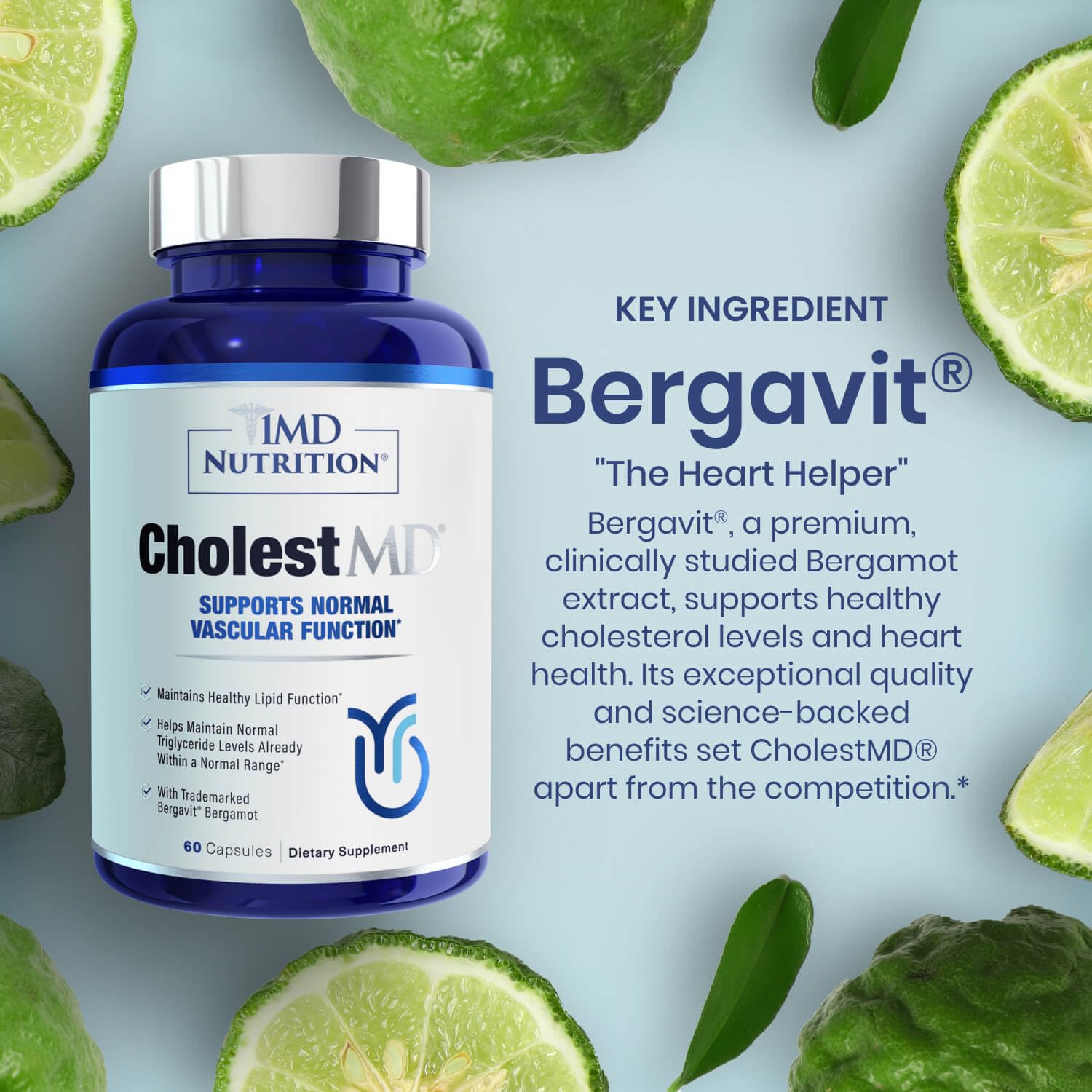CholestMD label close-up highlighting olive leaf extract and bergavit for overall wellness