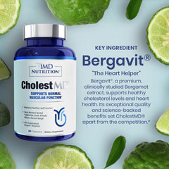 CholestMD label close-up highlighting olive leaf extract and bergavit for overall wellness