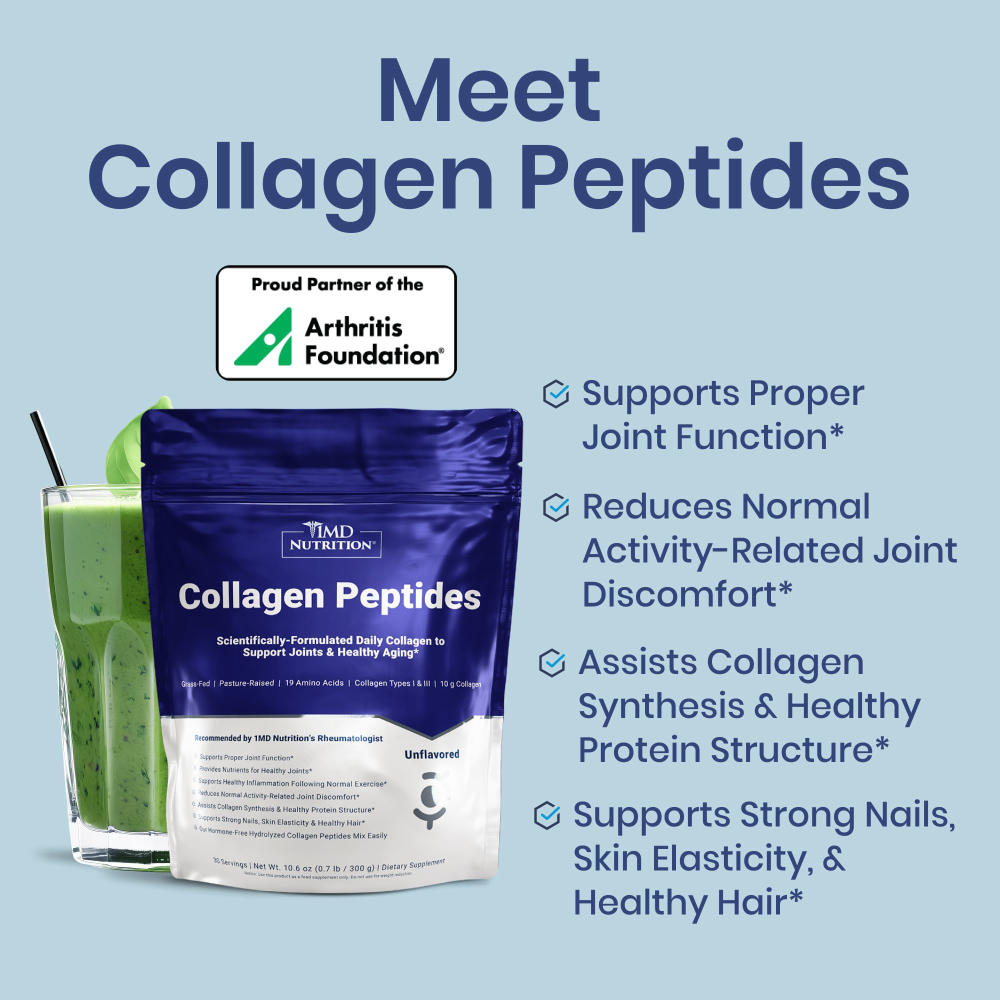 1MD Nutrition Collagen Peptides pouring into glass for easy mixing
