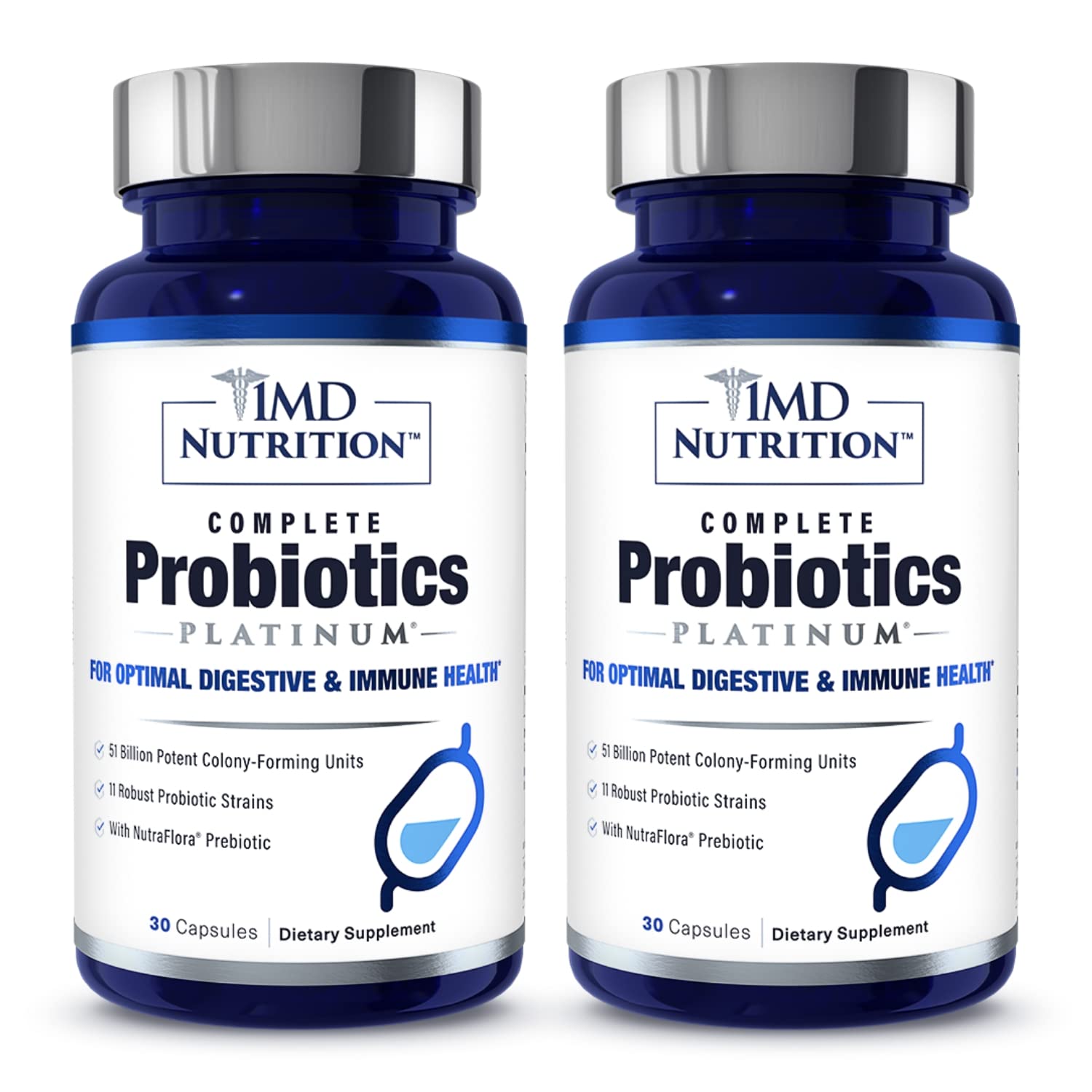 1MD Nutrition Complete Probiotics Platinum bottle front showcasing dairy-free probiotic formula for gut balance
