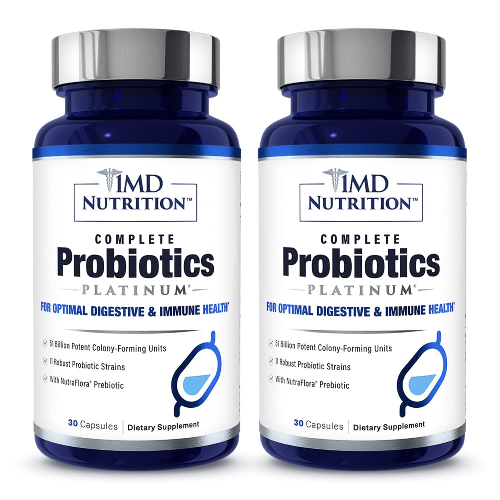 1MD Nutrition Complete Probiotics Platinum bottle front showcasing dairy-free probiotic formula for gut balance