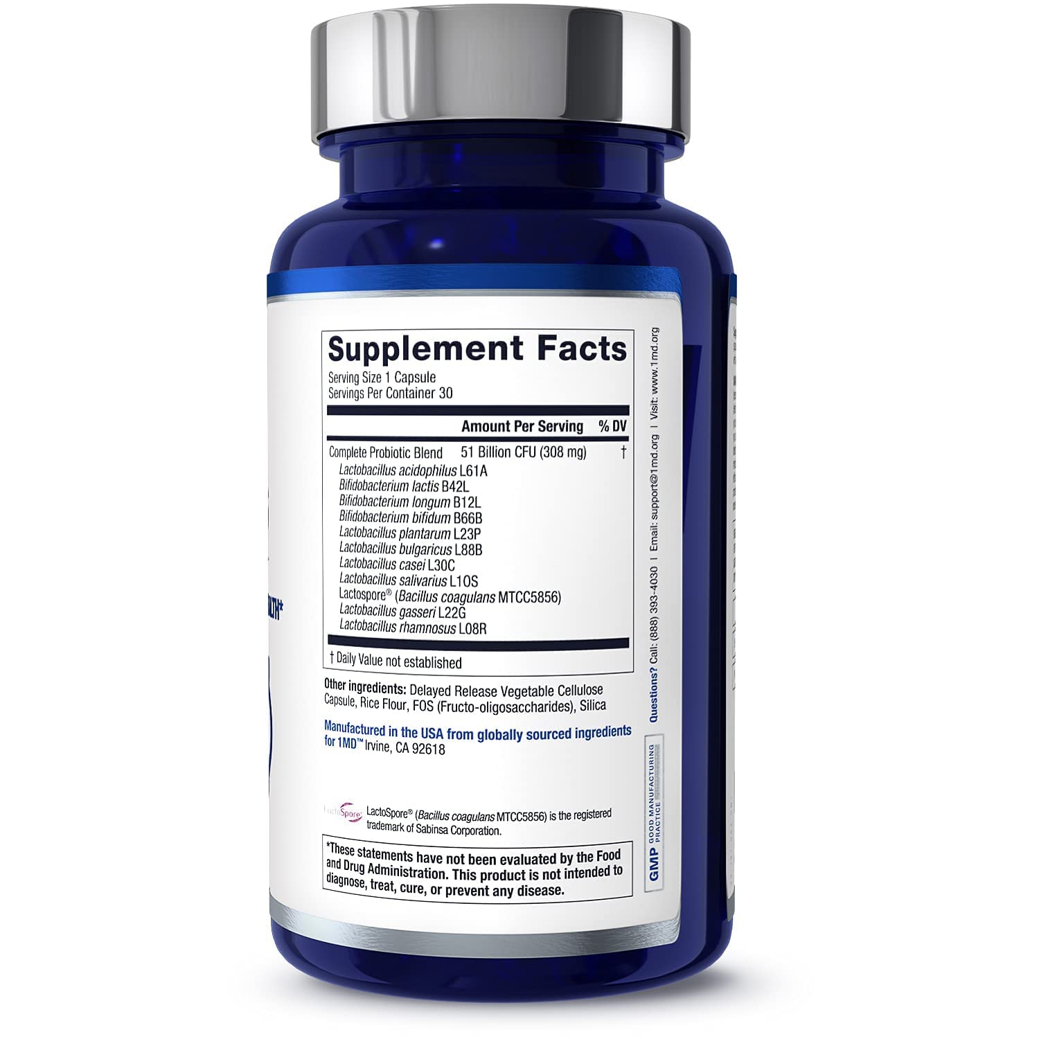 Top view of 1MD Complete Probiotics Platinum bottle emphasizing capsule design