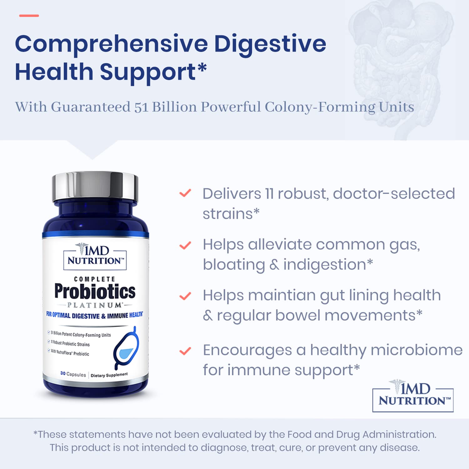 NutraFlora prebiotic illustration accompanying 1MD Complete Probiotics Platinum