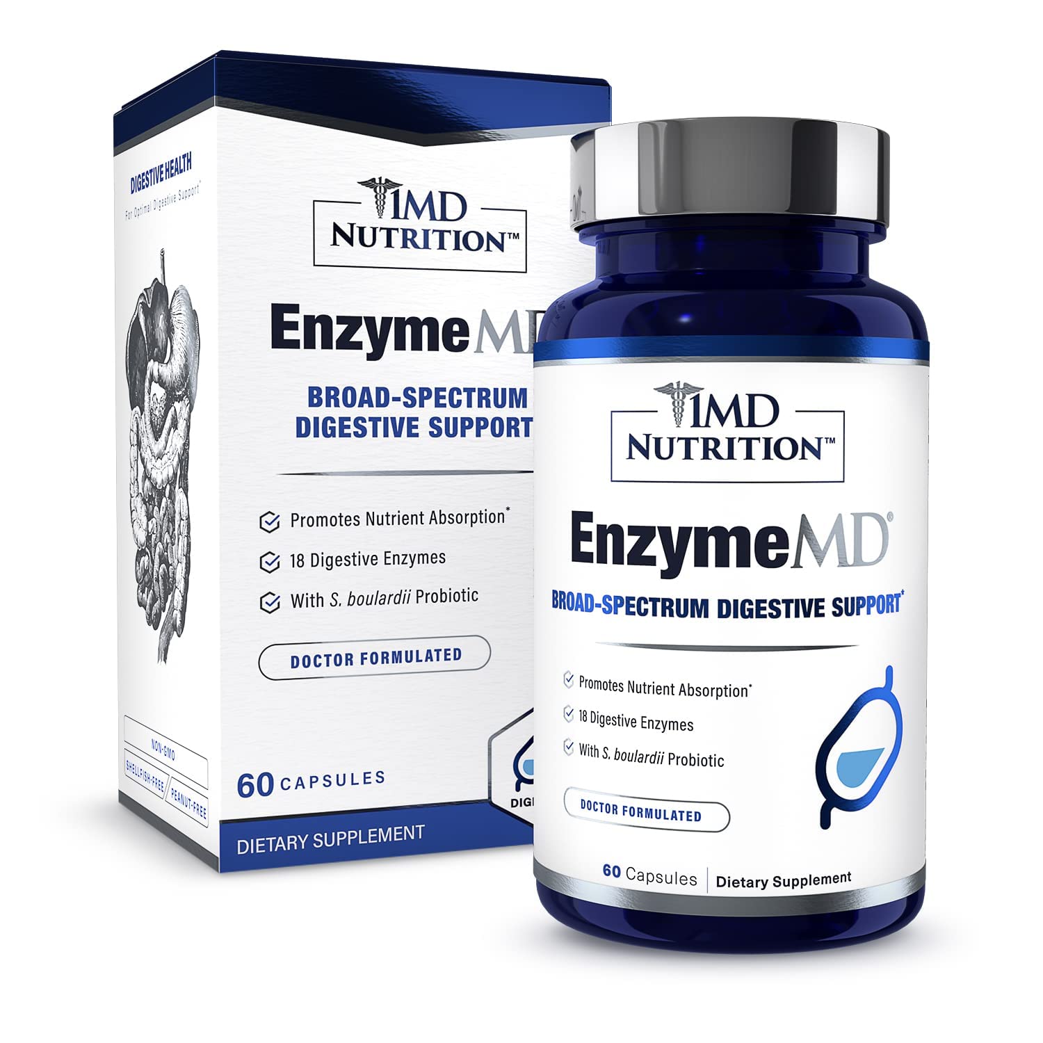 1MD Nutrition EnzymeMD bottle showing a full spectrum of digestive enzymes for post-meal comfort