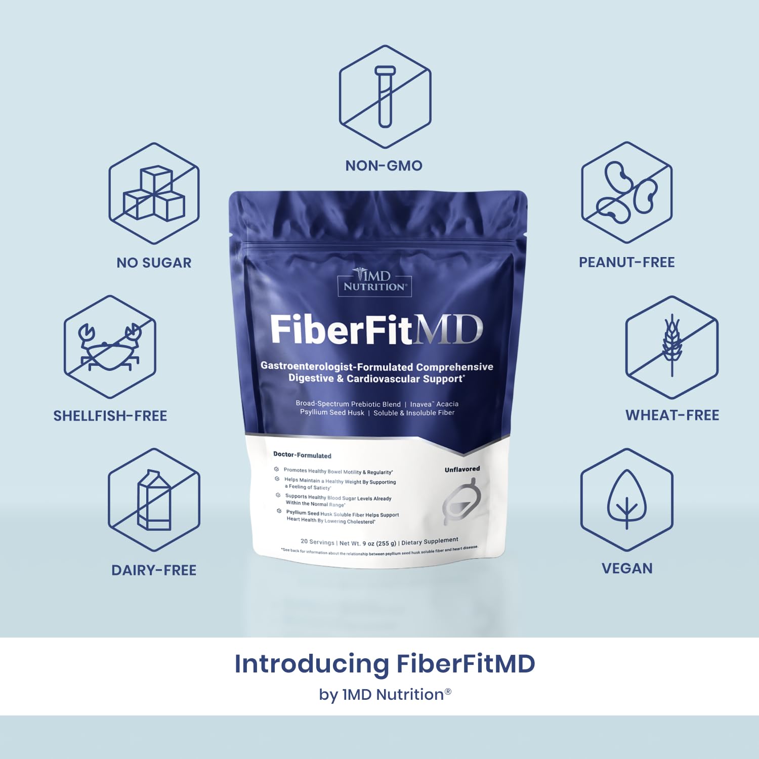 1MD FiberFitMD acacia prebiotic powder packaging for gut flora-friendly fiber.