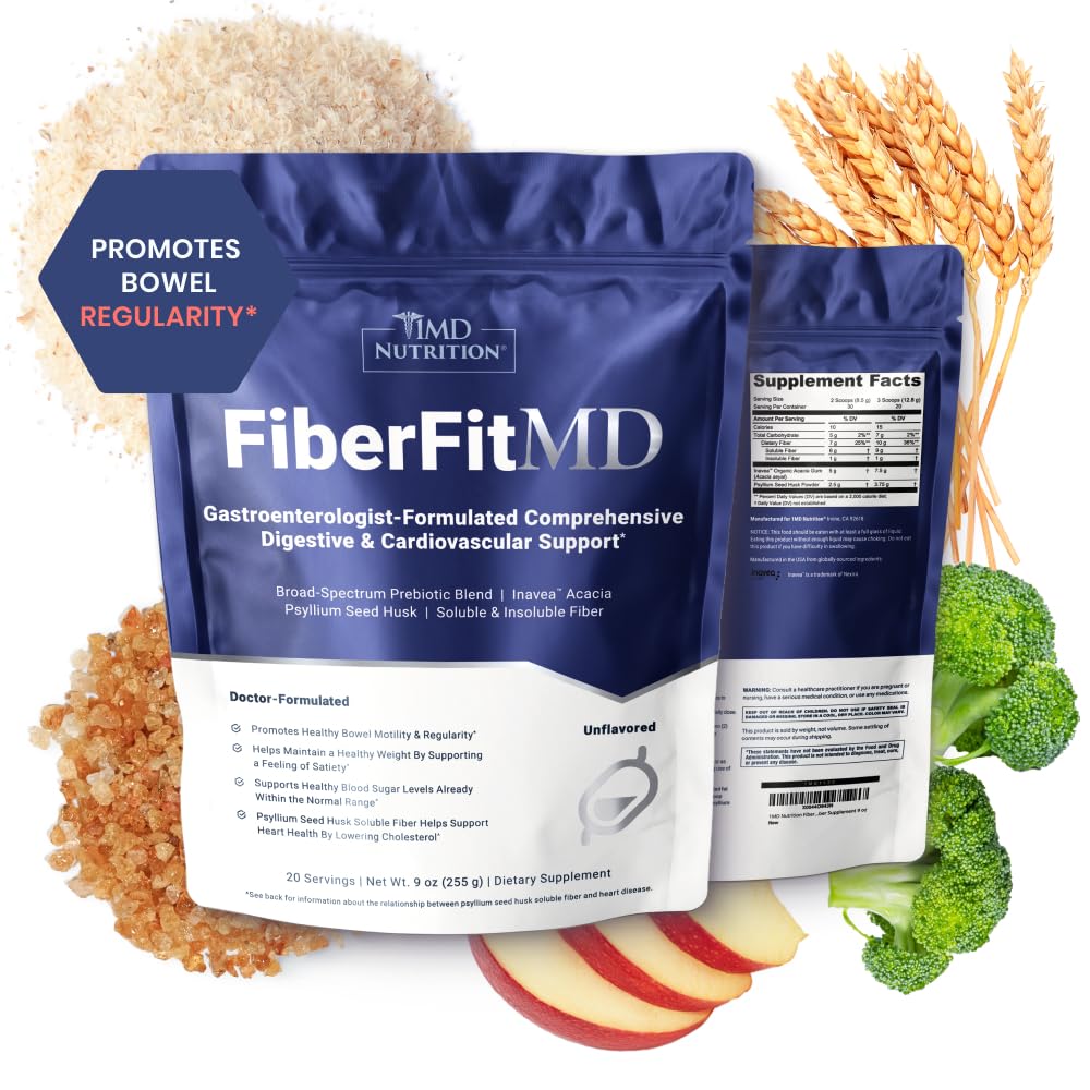 1MD FiberFitMD bottle label on kitchen counter highlighting dietary fiber support.