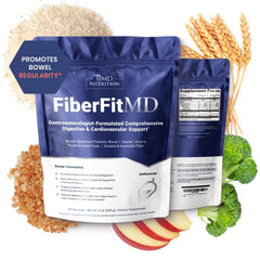 1MD FiberFitMD bottle label on kitchen counter highlighting dietary fiber support.