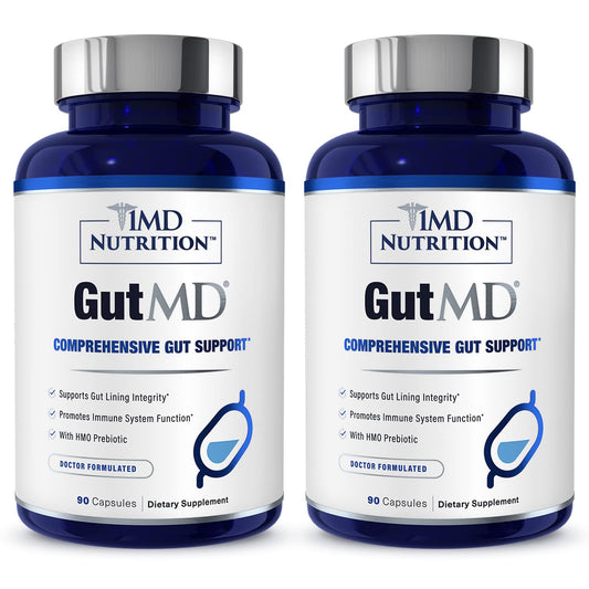 1MD Nutrition GutMD bottle cap close-up highlighting capsules for gut integrity support.