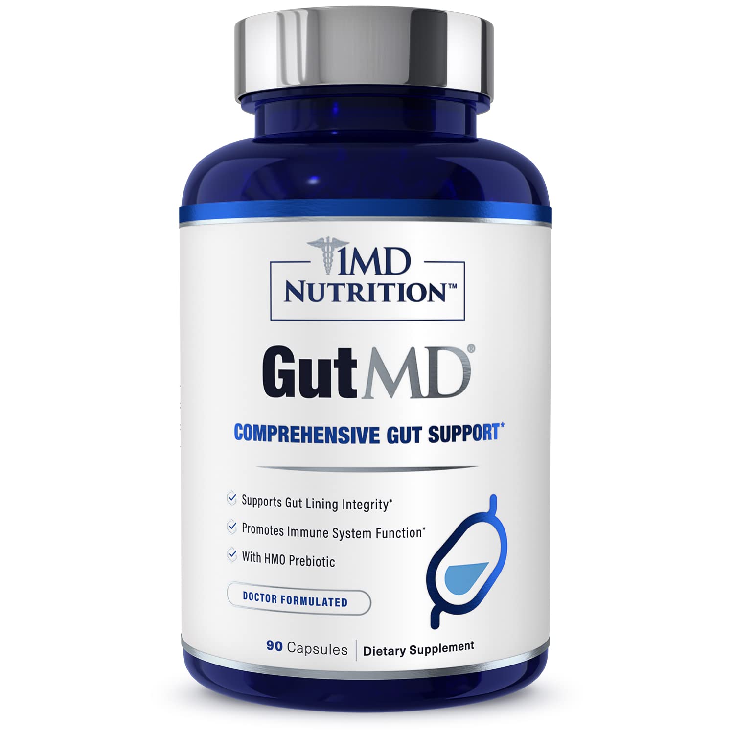 1MD GutMD daily-use capsules on a morning routine setup