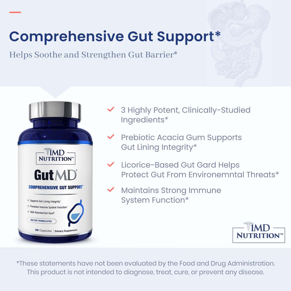 1MD GutMD L-glutamine ingredient close-up emphasizes gut-supporting amino acid