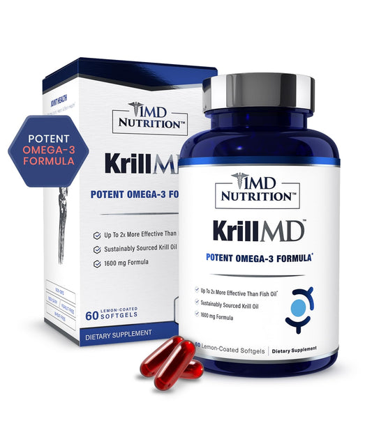 1MD KrillMD bottle with Antarctic krill oil for omega-3 support