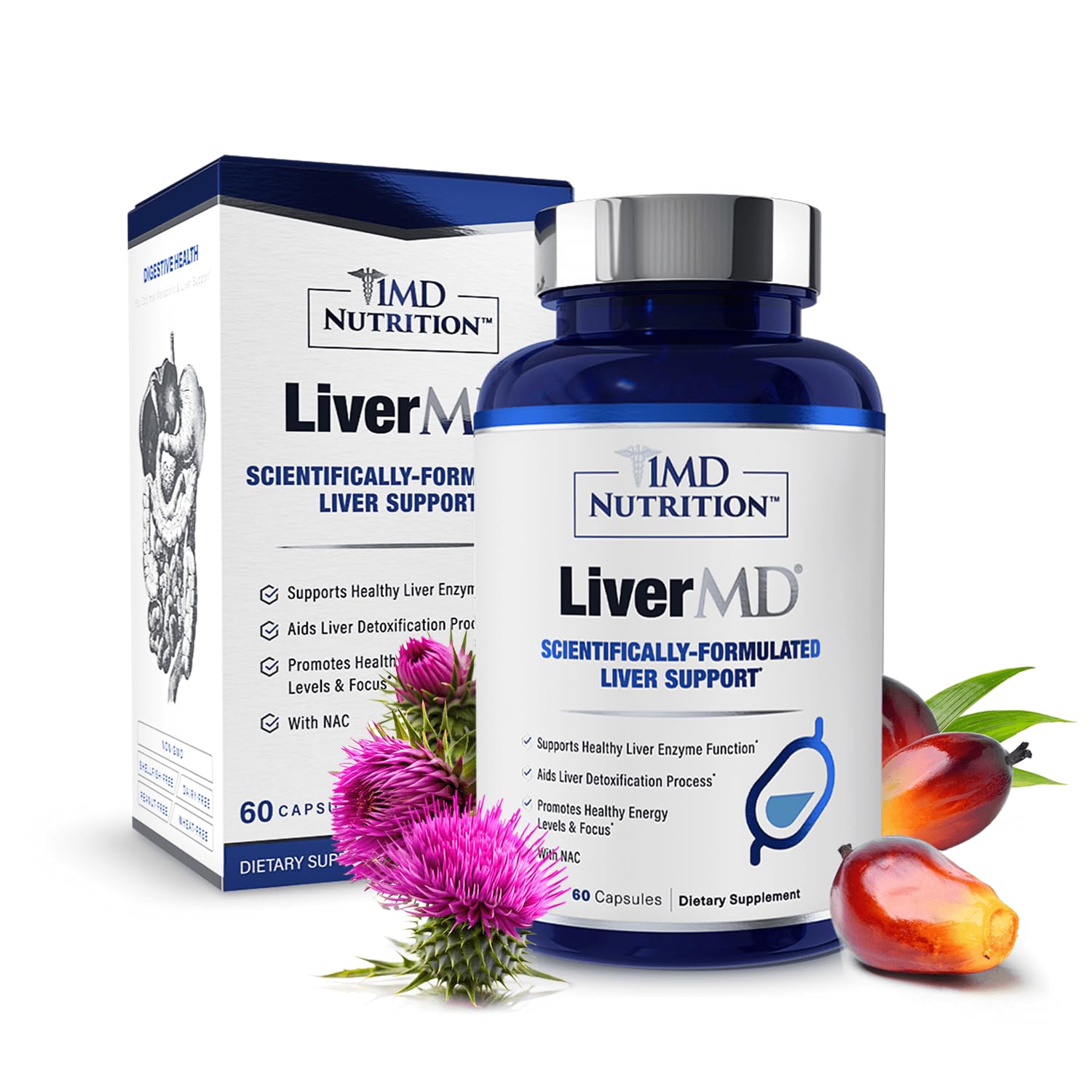 1MD Nutrition LiverMD bottle front view for liver support and energy.
