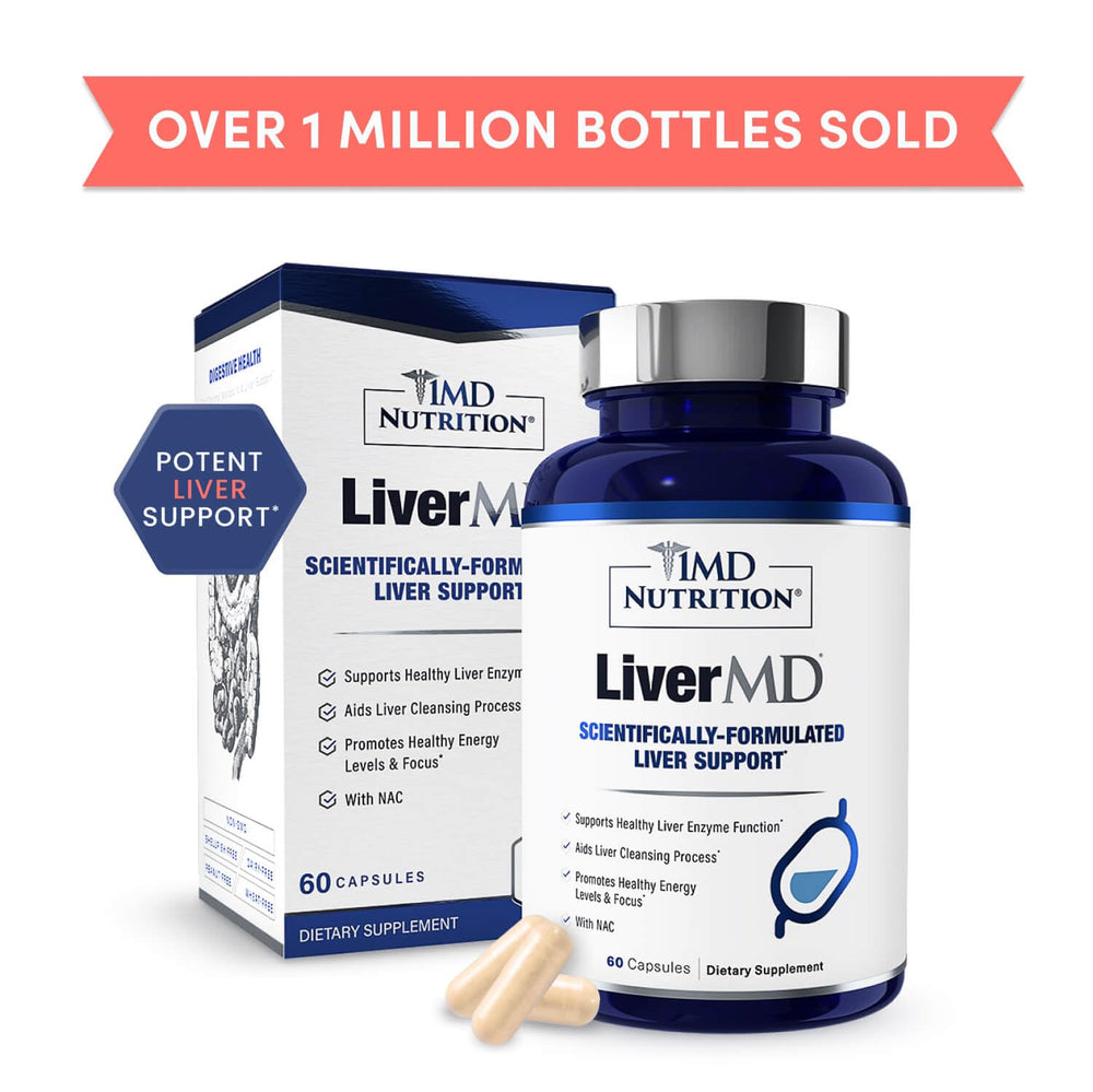 1MD Nutrition LiverMD packaging close-up showing 60 capsules.