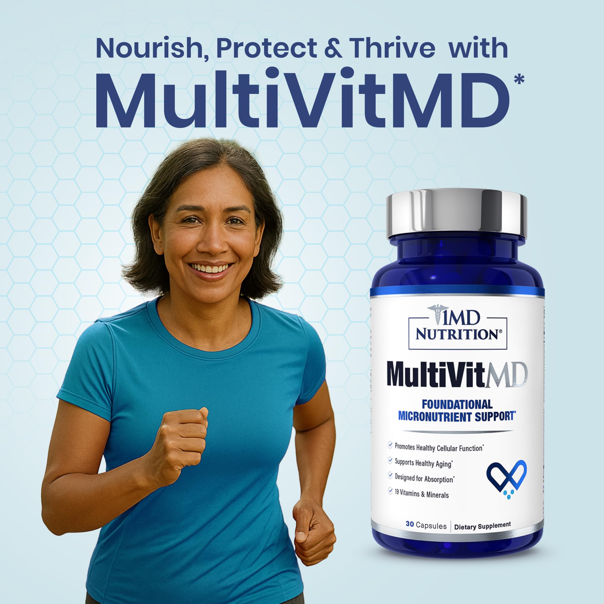 1MD Nutrition MultiVitMD daily bottle on table conveys a convenient daily health routine.
